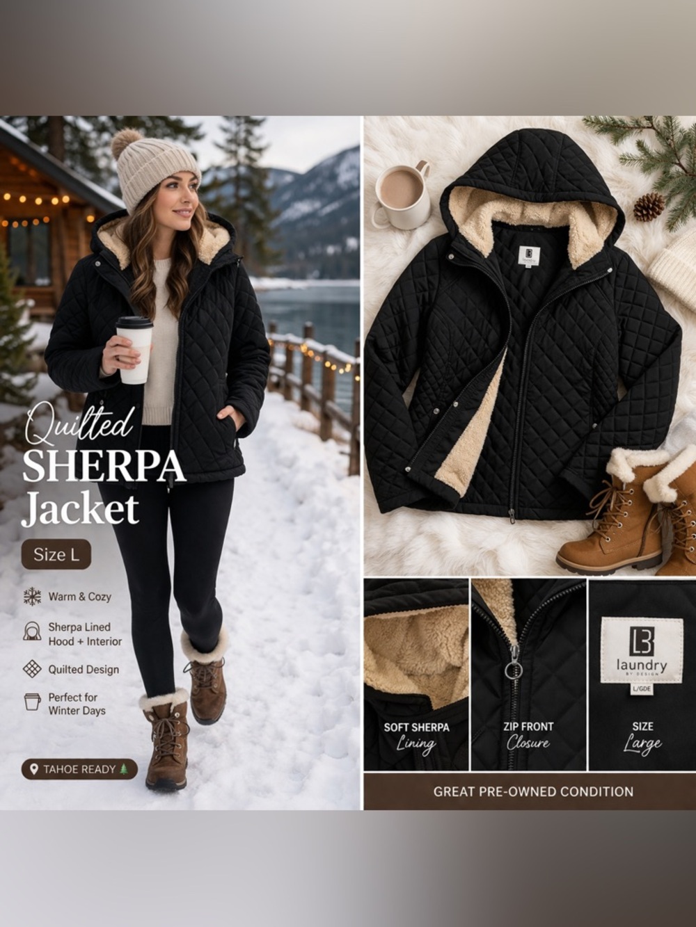 Laundry by Design Quilted Sherpa Lined Hooded Coat Black Large Winter Cozy